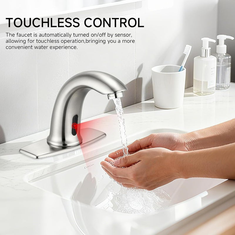 banhao Touchless Bathroom Sink Faucet Automatic Motion Sensor Hands Free Faucet with Hole Cover Plate Water Valve,Commercial Solid Brass Faucet,1 Hole or 3 Hole,Brushed Nickel - Image 2